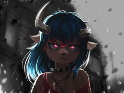  2021 4:3 anthro asymmetrical_horns backlighting blue_hair blurred_background broken_horn clothed clothing collar cross cross_necklace digital_media_(artwork) digital_painting_(artwork) fur hair hi_res horn hydrabb jewelry light lighting mammal necklace solo unknown_species 