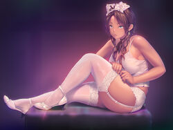  a.x. adjusting_clothes adjusting_legwear ass bare_shoulders black_scarf blue_eyes breasts brown_hair cleavage dark-skinned_female dark_skin earrings female full_body garter_straps high_heels jewelry lace-trimmed_legwear lace-trimmed_panties lace_trim large_breasts lipstick long_hair looking_at_viewer makeup original panties parted_bangs scarf sidelocks sitting skindentation solo sweat tank_top thighhighs underwear white_footwear white_headwear white_panties white_tank_top white_thighhighs 