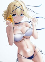  azur_lane bad_id bad_pixiv_id bare_arms bare_shoulders bikini blonde_hair blue_bikini blue_choker blue_eyes breasts choker cleavage collarbone commentary commission cowboy_shot female glowing_tattoo groin halterneck hands_up highleg highleg_bikini highres holding jeanne_d&#039;arc_(azur_lane) jeanne_d&#039;arc_(saintess_of_the_sea)_(azur_lane) keenh large_breasts layered_bikini long_hair looking_at_viewer maple_syrup multi-strapped_bikini navel official_alternate_costume side-tie_bikini_bottom simple_background smile solo stomach strap_pull string_bikini swimsuit thighs tied_hair white_background white_bikini 