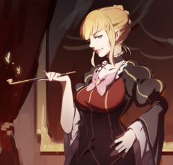  3four beatrice_(umineko) blonde_hair blue_eyes breasts bug butterfly choker dress female looking_at_viewer necktie orange_butterfly short_hair smile solo umineko_no_naku_koro_ni 