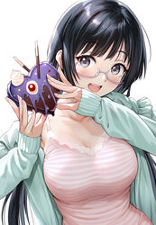  :d aqua_cardigan armpit_peek black_hair blush breasts camisole candy cardigan chocolate collarbone commentary_request covered_nipples female fingernails food grey-framed_eyewear grey_eyes hands_up head_tilt heart heart-shaped_chocolate holding holding_food large_breasts long_hair long_sleeves looking_at_viewer love_live! love_live!_nijigasaki_high_school_idol_club nail_polish nakagawa_nana open_cardigan open_clothes open_mouth pink_camisole pink_nails pocky sankuro_(agoitei) semi-rimless_eyewear simple_background sleeves_past_wrists smile solo spaghetti_strap striped_camisole teeth under-rim_eyewear upper_body upper_teeth_only valentine very_long_hair white_background yuki_setsuna_(love_live!) 