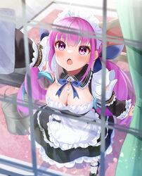  absurdres ahoge apron aquarium_(visual_novel) black_collar black_footwear black_sleeves blue_bow blue_hair blue_nails blush bow breasts bucket chino0803 cleaning cleaning_windows cleavage collar colored_inner_hair commentary_request detached_collar detached_sleeves female hair_ornament hairbow highres hololive large_breasts long_hair looking_at_viewer maid maid_apron maid_headdress minato_aqua multicolored_hair nail_polish open_mouth pink_hair purple_eyes shoes streaked_hair twintails two-tone_hair virtual_youtuber white_apron white_headwear window 