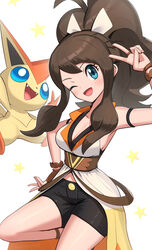  blue_eyes breasts brown_hair clothing_cutout commentary_request curly_hair female gonzarez high_ponytail highres hilda_(pokemon) hilda_(sygna_suit)_(pokemon) large_breasts long_hair navel navel_cutout official_alternate_costume one_eye_closed pokemon pokemon_(creature) pokemon_masters_ex short_shorts shorts sidelocks thighs v victini 