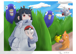  :&lt; amano_pikamee animal bird black_hair black_hairband blunt_bangs border charmander closed_mouth commentary_request crying crying_with_eyes_open dated day doughnut eyebrows_hidden_by_hair female fire food grass grin gyari_(bird) hairband hand_in_pocket high_collar highres hikasa_tomoshika holding holding_poke_ball jacket jbene jitomi_monoe long_sleeves looking_away looking_to_the_side magnemite magnet outdoors outline pikachu poke_ball poke_ball_(basic) pokemon pokemon_(creature) red_eyes signature smile sweat tears upper_body virtual_youtuber voms white_border white_jacket white_outline zipper_pull_tab 