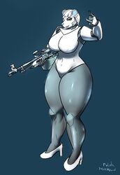  2022 anthro bear big_breasts breasts clothing cosplay female footwear fur gun haydee haydee_(game) hellpup_(artist) hi_res high_heels holding_object holding_weapon looking_at_viewer mammal ranged_weapon simple_background solo standing thick_thighs ursine vasilisa_samusenko_(hellpup) weapon white_body white_clothing white_fur 