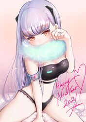  2021 absurdres ak-alfa_(girls&#039;_frontline) artist_name bad_id bad_twitter_id black_bra black_panties black_tank_top blush bra bracer breasts brown_eyes female filha fingernails girls&#039;_frontline grey_hair hand_up happy_new_year highres jewelry long_hair looking_at_viewer new_year panties paw_pose ring simple_background sitting small_breasts solo tank_top tears underwear wedding_ring 