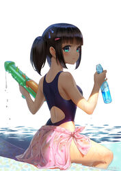  aqua_eyes ass back back_cutout black_hair blue_eyes blue_one-piece_swimsuit bottle breasts chinese_commentary closed_mouth clothing_cutout commentary_request competition_swimsuit copyright_request day dripping female food-themed_clothes food_print from_side hair_ornament hairclip hands_up highleg highleg_swimsuit highres holding holding_bottle holding_water_gun lightning_bolt_symbol lisong_shen looking_at_viewer looking_back medium_breasts medium_hair one-piece_swimsuit one-piece_thong outdoors phallic_symbol pink_lips pink_sarong pool poolside print_sarong ramune sarong see-through sexually_suggestive shade short_twintails sidelocks simple_background sitting smile soaking_feet solo sparkle spikes strawberry_print super_soaker swimsuit thighs thong twintails water water_gun weibo_logo weibo_watermark wet wet_clothes white_background 