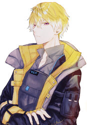  1boy ao_(greburi) black_jacket blonde_hair bulletproof_vest collarbone collared_shirt fingerless_gloves gloves gradient_hair grey_shirt hair_behind_ear highres jacket looking_down male_focus multicolored_hair nijisanji nijisanji_en pink_eyes shirt short_hair simple_background solo sonny_brisko sonny_brisko_(1st_costume) upper_body virtual_youtuber vsf_logo white_background white_hair yellow_gloves 