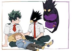  4boys animal_head arm_support artist_name beak bird_boy black_pants blue_sweater boku_no_hero_academia commentary_request dark_shadow eye_contact floating freckles full_body green_eyes green_hair green_pants hand_on_another&#039;s_arm hand_on_ground holding holding_pillow lap_pillow lolicon looking_at_another lying male_focus mantos_no.7 midoriya_izuku multiple_boys necktie on_back pants pillow red_eyes red_necktie school_uniform shimano_katsuma shirt short_sleeves simple_background sitting socks sweat sweater thai_commentary tokoyami_fumikage u.a._school_uniform watermark white_background white_shirt yellow_legwear 