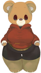  2013 absurd_res anthro barefoot bear bottomwear breasts brown_body clothing feet female hi_res hoodie koki mammal shorts simple_background smile solo standing topwear white_background 