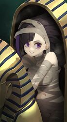  absurdres bandages black_hair commentary english_commentary female grin halloween halloween_costume highres looking_at_viewer multicolored_hair mummy mummy_costume naked_bandage navel original purple_eyes purple_hair sarcophagus sirena_(tostantan) smile solo streaked_hair tostantan two-tone_hair 