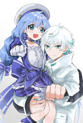  1boy ao_(greburi) beret blue_dress blue_eyes blue_hair braid dress female gloves hair_behind_ear hat highres jacket lifting_person long_hair nijisanji reignite sitting_on_arm smile tempplex twin_braids v-shaped_eyebrows very_long_hair virtual_youtuber white_gloves white_hair white_headwear white_jacket yuuki_chihiro yuuki_chihiro_(8th_costume) 