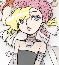  bare_shoulders blonde_hair blue_eyes cape earrings female final_fantasy final_fantasy_vi flat_chest hat jewelry kurita_shin&#039;ichi lips long_hair relm_arrowny simple_background solo strapless 