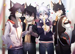  2018 anthro arm_around_neck blush bottomwear canid canine canis cellphone clothed clothing domestic_dog eating electronics food fully_clothed fur group hi_res jacket kemono looking_at_viewer male mammal nekojita one_eye_closed open_mouth pants phone shaded smartphone topwear wolf 