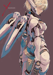  blonde_hair breasts brown_background copyright_name cyborg female fiora_(xenoblade) hidden_eyes highres joints mecha-fiora mechanical_wings muramasa_mikado robot_joints science_fiction short_hair solo spoilers wings xenoblade_chronicles_(series) xenoblade_chronicles_1 