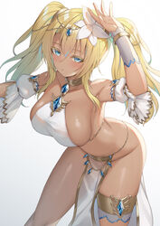  alexmaster anklet arm_up armpits backlighting bare_shoulders blonde_hair blue_eyes blue_gemstone breasts collar collarbone cowboy_shot dancer dark-skinned_female dark_skin detached_sleeves female flower gem groin hair_flower hair_ornament highres jewelry large_breasts leaning_forward long_hair looking_at_viewer no_bra no_panties pelvic_curtain revealing_clothes see-through sennen_sensou_aigis sideboob simple_background solo standing stomach taut_clothes thighs twintails vivian_(sennen_sensou_aigis) white_background 