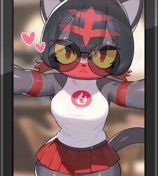  anthro black_hair black_nose bottomwear breasts clothed clothing drunk_oak eyewear female fur generation_7_pokemon glasses hair hi_res litten medium_breasts multicolored_body nintendo pokemon pokemon_(species) red_body red_bottomwear red_clothing red_eyes red_fur red_skirt round_glasses skirt sleeveless_topwear solo topwear white_clothing white_topwear yellow_sclera 