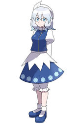  absurdres apron asatsuki_(fgfff) bloomers blue_dress blue_eyes blue_footwear blue_hair blue_skirt breasts commentary_request dress female full_body highres ice juliet_sleeves letty_whiterock light_blue_hair long_sleeves medium_hair parody polearm puffy_sleeves shirt simple_background skirt small_breasts smile solo standing style_parody sugimori_ken_(style) touhou trident turtleneck waist_apron weapon white_background white_headwear white_legwear white_shirt 