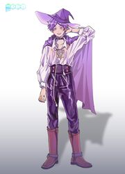  1boy 3di_project boots cape closed_mouth collared_shirt full_body gradient_background hat highres logo long_sleeves male_focus official_art otto_mareo otto_mareo_(character) puffy_long_sleeves puffy_sleeves purple_eyes purple_hair shadow shirt short_hair solo virtual_youtuber 