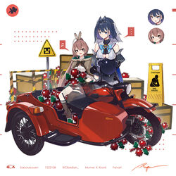  ... 2girls :d asymmetrical_legwear bare_shoulders beamed_eighth_notes berry black_gloves blush bow bowtie box breasts brown_eyes brown_hair brown_legwear cape cleavage commentary creeper feathers gloves hairband helmet highres hololive hololive_english kneehighs long_hair looking_at_viewer medium_hair minecraft motor_vehicle motorcycle multiple_girls musical_note nanashi_mumei nanashi_mumei_(1st_costume) open_mouth ouro_kronii ouro_kronii_(1st_costume) ponytail ranyu sidecar sign sitting smile socks spoken_ellipsis spoken_musical_note thighhighs unworn_headwear unworn_helmet ural_(motorcycle) virtual_youtuber warning_sign yagoo 