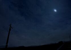  alu.m_(alpcmas) blue_theme cloud cloudy_sky commentary_request dark from_below hill house monochrome moon moonlight night night_sky no_humans original outdoors power_lines rural scenery signature sky stairs star_(sky) starry_sky utility_pole 