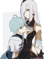  1boy age_difference aunt_and_nephew bad_id bad_pixiv_id blue_eyes blue_hair bodysuit braid breasts chongyun_(genshin_impact) eyes_visible_through_hair female genshin_impact hair_ornament hair_over_one_eye highres jacket long_hair looking_at_viewer low-braided_long_hair low-tied_long_hair medium_breasts onee-shota shenhe_(genshin_impact) shimanakao_(shimanaka_sushi) simple_background straight tall_female white_background white_hair 