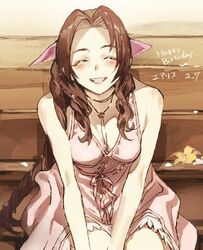  aerith_gainsborough bare_arms blush braid braided_ponytail breasts brown_hair buttons choker cleavage closed_mouth dress female final_fantasy final_fantasy_vii final_fantasy_vii_remake flower hair_ribbon jacket long_hair medium_breasts open_mouth parted_bangs pink_dress ribbon sidelocks sitting smile solo talesofmea teeth unworn_jacket upper_body upper_teeth_only wavy_hair yellow_flower 