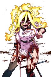  belt black_thighhighs blonde_hair blood blood_on_face blood_on_hands blood_on_leg boku_no_hero_academia breasts burnin_(boku_no_hero_academia) buttons commentary_request crazy_eyes double-breasted dress fangs female fiery_hair hair_between_eyes hairband impaled injury jaggy_lines kingbawoon knees_up korean_commentary large_breasts long_hair looking_at_viewer mast open_mouth simple_background solo standing teeth thighhighs thighs torn_clothes torn_dress torn_sleeves torn_thighhighs v-shaped_eyebrows v-shaped_eyes white_background white_dress 