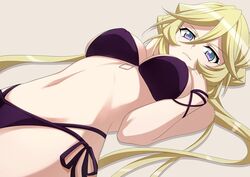  aged_up bikini black_bikini blonde_hair blue_eyes breasts carol_malus_dienheim female hands_on_own_chest large_breasts lying miona_yui mole mole_under_eye navel on_back senki_zesshou_symphogear side-tie_bikini_bottom solo swimsuit 