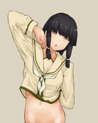  arm_behind_back arm_up black_hair blunt_bangs bottomless braid chagamaka closed_eyes facing_viewer female green_background hair_over_shoulder hair_ribbon hand_on_own_neck highres kantai_collection kitakami_(kancolle) kitakami_kai_ni_(kancolle) leaning_to_the_side long_hair midriff navel neckerchief out-of-frame_censoring parted_lips ribbon sailor_collar school_uniform serafuku shirt sidelocks simple_background solo tress_ribbon white_neckerchief yellow_sailor_collar yellow_serafuku yellow_shirt 