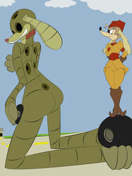  3:4 absurd_res aircraft animate_inanimate anthro black_eyes blue_background boots canid canine canis chinook_(cuphead) clothing cuphead_(game) domestic_dog duo female female/female feral fogata footwear gloves handwear hat headgear headwear hi_res high_heeled_boots high_heels humanoid hunting_dog living_aircraft living_machine living_vehicle machine mammal military_cap military_uniform saluki sgt._o&#039;fera_(cuphead) sighthound simple_background smile standing uniform vehicle 