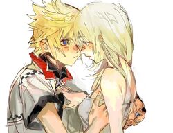  1boy blonde_hair blue_eyes blush breasts couple dress female hair_between_eyes hand_on_another&#039;s_chest hands_on_another&#039;s_back high_collar imminent_kiss kingdom_hearts kingdom_hearts_ii medium_breasts medium_hair namine open_collar roxas short_sleeves spiked_hair straight talesofmea upper_body white_background white_dress 