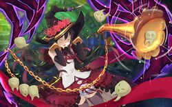  akemi_homura black_gloves black_hair chains closed_eyes commentary_request dress elbow_gloves female flower gloves grey_thighhighs hands_on_headwear hands_up hat hat_flower highres lisong_shen long_hair low_twintails mahou_shoujo_madoka_magica mahou_shoujo_madoka_magica_(anime) spider_lily teeth thighhighs twintails witch_hat 