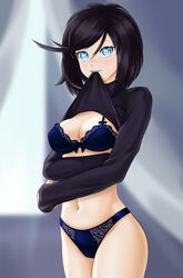  absurdres badsharku black_hair blue_bra blue_eyes blue_panties blush bra breasts clothes_lift commentary_request female girls&#039;_frontline highres intruder_(girls&#039;_frontline) long_sleeves looking_at_viewer medium_breasts medium_hair navel panties parted_lips sangvis_ferri shirt_lift solo turtleneck underwear upper_body 