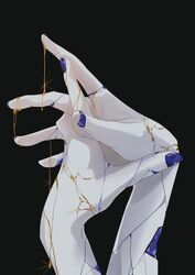  1other androgynous black_background blue_nails cracked_skin crystal feet_out_of_frame fingernails glint gold hand_focus highres houseki_no_kuni lapis_lazuli_(gemstone) lapis_lazuli_(houseki_no_kuni) molten_metal other_focus own_hands_together phosphophyllite phosphophyllite_(ll) photo-referenced simple_background solo sparkle umino_mozuku 