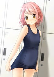  blue_one-piece_swimsuit blurry brown_eyes changing_room collarbone commentary_request cowboy_shot depth_of_field female flat_chest highres locker locker_room old_school_swimsuit one-piece_swimsuit original photoshop_(medium) pink_hair school_swimsuit shibacha short_hair solo standing swimsuit swimsuit_tug wavy_hair 