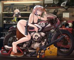  0w0 absurdres adjustable_wrench ar-15 artist_name assault_rifle banana_(girls&#039;_frontline) barefoot baseball_cap bent_over black_camisole black_choker black_panties blue_eyes bottomless box breasts camisole cardboard_box character_name chibi choker cleavage dinergate_(girls&#039;_frontline) feet female from_side girls&#039;_frontline gloves griffin_&amp;_kryuger gun hand_up hat highres holding holding_clothes holding_panties holding_screwdriver holding_underwear holding_wrench indoors leather leather_gloves legs looking_at_viewer m4_sopmod_ii_jr megaphone motor_vehicle motorcycle multicolored_hair non-humanoid_robot official_alternate_costume on_motorcycle panties pink_hair rifle robot sawkm screwdriver shoes st_ar-15_(breeze_in_a_summer_afternoon)_(girls&#039;_frontline) st_ar-15_(girls&#039;_frontline) streaked_hair toes underwear unworn_panties unworn_shoes weapon wide_oval_eyes wrench 