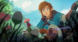  1boy 1other bettykwong blue_eyes blue_shirt blue_sky boots brown_hair champion&#039;s_tunic_(zelda) cloud commentary day english_commentary fingerless_gloves flower gloves grass link looking_at_another male_focus mini_person minish outdoors pointy_ears shirt sidelocks signature size_difference sky the_legend_of_zelda the_legend_of_zelda:_breath_of_the_wild the_legend_of_zelda:_the_minish_cap tree watermark web_address 