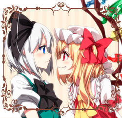  2girls ascot black_bow black_bowtie black_ribbon blonde_hair blue_eyes blush bob_cut bow bowtie closed_mouth commentary_request crystal flandre_scarlet frilled_shirt_collar frills from_side green_vest hair_ribbon hat hat_bow konpaku_youmu looking_at_another mob_cap multiple_girls oerba_yun_fang one_side_up profile puffy_short_sleeves puffy_sleeves red_bow red_eyes red_vest ribbon sazanami_mio shirt short_hair short_sleeves touhou upper_body vest white_hair white_headwear white_shirt wings yellow_ascot yuri 