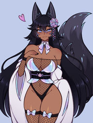  animal_ears bare_shoulders black_hair black_nails blush borrowed_character breasts cleavage closed_mouth collarbone commission dark-skinned_female dark_skin female fox_ears fox_girl fox_tail heart highres large_breasts long_hair multicolored_hair navel original purple_eyes purple_hair smile solo tail the_scarlet_devil very_long_hair 