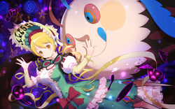  blonde_hair bonnet bow breasts candeloro candy charlotte_(madoka_magica) commentary_request cup dress dress_bow drill_hair dutch_angle female food green_dress hands_up highres layered_dress lisong_shen long_hair mahou_shoujo_madoka_magica mahou_shoujo_madoka_magica_(anime) monster puffy_short_sleeves puffy_sleeves red_bow ribbon short_sleeves solo teacup tomoe_mami yellow_eyes yellow_ribbon 