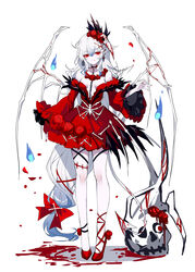  blood blue_fire breasts chains choker cleavage dress ear_piercing female fire flower flower_necklace full_body hair_ornament hand_up highres long_hair original pale_skin parted_lips piercing red_dress red_eyes rose sheya signature skeletal_wings skull_hair_ornament solo tiptoes very_long_hair white_hair wings 