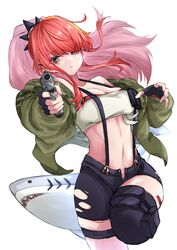  bad_id bad_twitter_id bandeau bare_shoulders black_gloves black_shorts breasts cleavage commentary_request female fingerless_gloves gloves green_jacket grey_eyes gun handgun highres holding holding_gun holding_weapon jacket lain_paterson lain_paterson_(1st_costume) long_hair long_sleeves looking_at_viewer medium_breasts men_ta_pasudai midriff navel nijisanji off_shoulder open_clothes open_fly open_jacket parted_lips ponytail pouch red_hair short_shorts shorts sidelocks simple_background solo stomach strapless stuffed_animal stuffed_shark stuffed_toy suspenders thigh_strap thighhighs thighs tube_top virtual_youtuber weapon white_background 