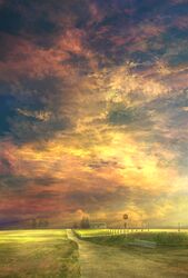  bench cloud cloudy_sky commentary_request door fence field grass highres house mks no_humans original outdoors road road_sign rural scenery sign sky sunset tree window 