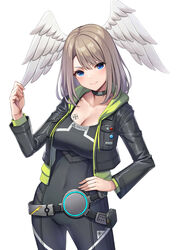  &gt;:) absurdres black_bodysuit black_collar black_jacket blue_eyes blush bodysuit breasts brown_hair cleavage closed_mouth collar collarbone commentary covered_navel drawstring eunie_(xenoblade) feathered_wings female green_jacket hair_between_eyes hand_up head_wings highres hood hood_down hooded_jacket jacket large_breasts looking_at_viewer open_clothes open_jacket simple_background smile solo v-shaped_eyebrows white_background white_wings wings xenoblade_chronicles_(series) xenoblade_chronicles_3 ym_(distance819) 