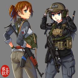  2girls akm akms amd-65 assault_rifle black_hair blue_eyes blunt_bangs brown_hair bulletproof_vest commentary_request cowboy_shot english_commentary glock gloves green_eyes gun hair_between_eyes handgun headphones highres holster holstered juliet_lin kalashnikov_rifle long_hair looking_at_viewer magazine_(weapon) medium_hair mixed-language_commentary multiple_girls ndtwofives open_mouth original pants ponytail radio rifle shirt sleeves_rolled_up standing teeth tongue vz._58 weapon 