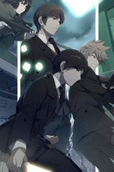  3boys :d ashes black_hair black_jacket black_necktie black_pants black_vest blue_eyes blurry blurry_background brown_hair collared_shirt cube echo_(circa) female fighting_stance floating floating_object formal freckles from_side frown gloves glowing glowing_sword glowing_weapon grin gun hatohara_mirai holding holding_gun holding_sheath holding_sword holding_weapon inukai_sumiharu jacket leaning_forward light_particles long_sleeves looking_away male_focus multiple_boys necktie ninomiya_masataka ninomiya_squad&#039;s_uniform on_one_knee outside_border overcast pants partially_colored profile rifle sheath shirt short_hair sky smile sniper_rifle standing suit sword tsuji_shinnosuke unsheathed vest weapon white_gloves white_shirt world_trigger 