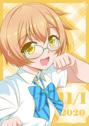  absurdres birthday blush breasts bunji commentary dated female glasses green-framed_eyewear highres hoshizora_rin looking_at_viewer love_live! love_live!_school_idol_project orange_hair short_hair signature small_breasts solo upper_body yellow_eyes 