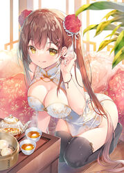  :q bamboo_steamer baozi bare_arms bare_shoulders black_thighhighs bracelet breasts brown_hair bun_cover china_dress chinese_clothes cleavage closed_mouth clothing_cutout commentary_request cup double_bun dress earrings female flower_on_liquid food glass_teapot glint gold_trim hair_bun hair_ornament hairclip hand_up highres jewelry kneeling large_breasts lattice long_hair looking_at_viewer miwabe_sakura no_panties no_shoes original pelvic_curtain petals petals_on_liquid pillow sitting skindentation sleeveless sleeveless_dress smile solo tea teacup teapot thighhighs thighs tongue tongue_out transparent twintails very_long_hair white_dress yellow_eyes 