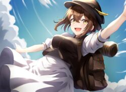  asanagi_shion backpack bag bedroll black_hat breasts brown_bag brown_hair cloud dress female hat hat_feather medium_breasts octopath_traveler octopath_traveler_i open_mouth short_hair short_sleeves sky solo tressa_colzione white_dress yellow_eyes 